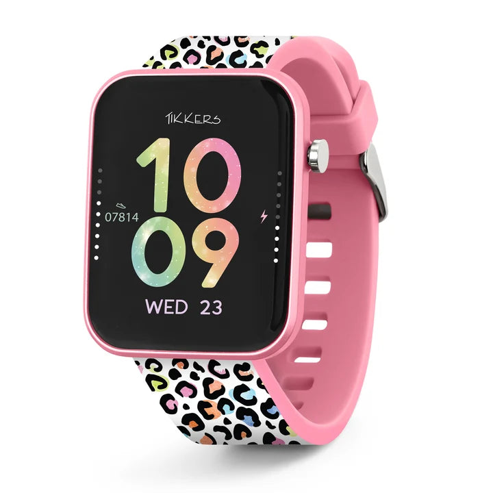 Tikkers Series 13 Pink Leopard Smart Watch front view with pink case, pink leopard print silicone strap and colour touchscreen