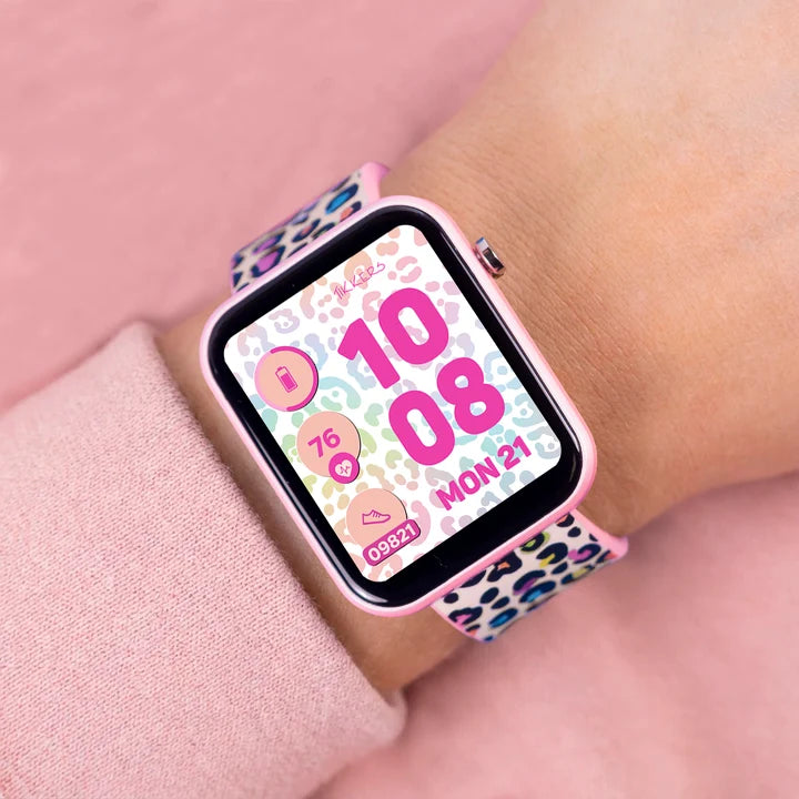 Tikkers Series 13 Pink Leopard Smart Watch worn on the wrist with pink leopard print strap and colour touchscreen display