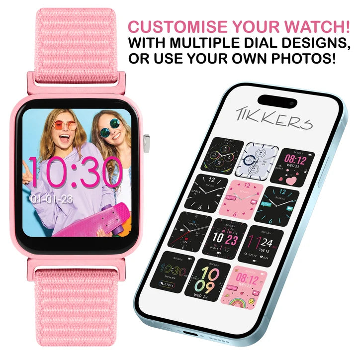 Tikkers Series 13 Pink Riptape Smart Watch beside Tikkers Time app showing multiple watch face designs and photo customisation