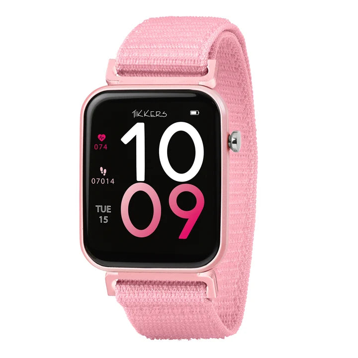 Tikkers Series 13 Pink Riptape Smart Watch front view with pink fabric strap, colour touchscreen and digital watch face