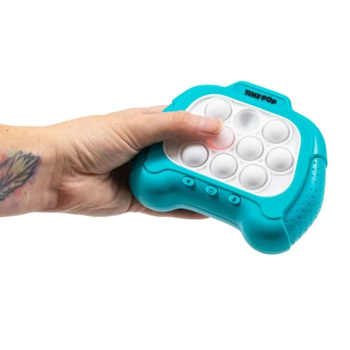 Time Pop Light Up Push Popper Game Blue held in one hand with white pop buttons
