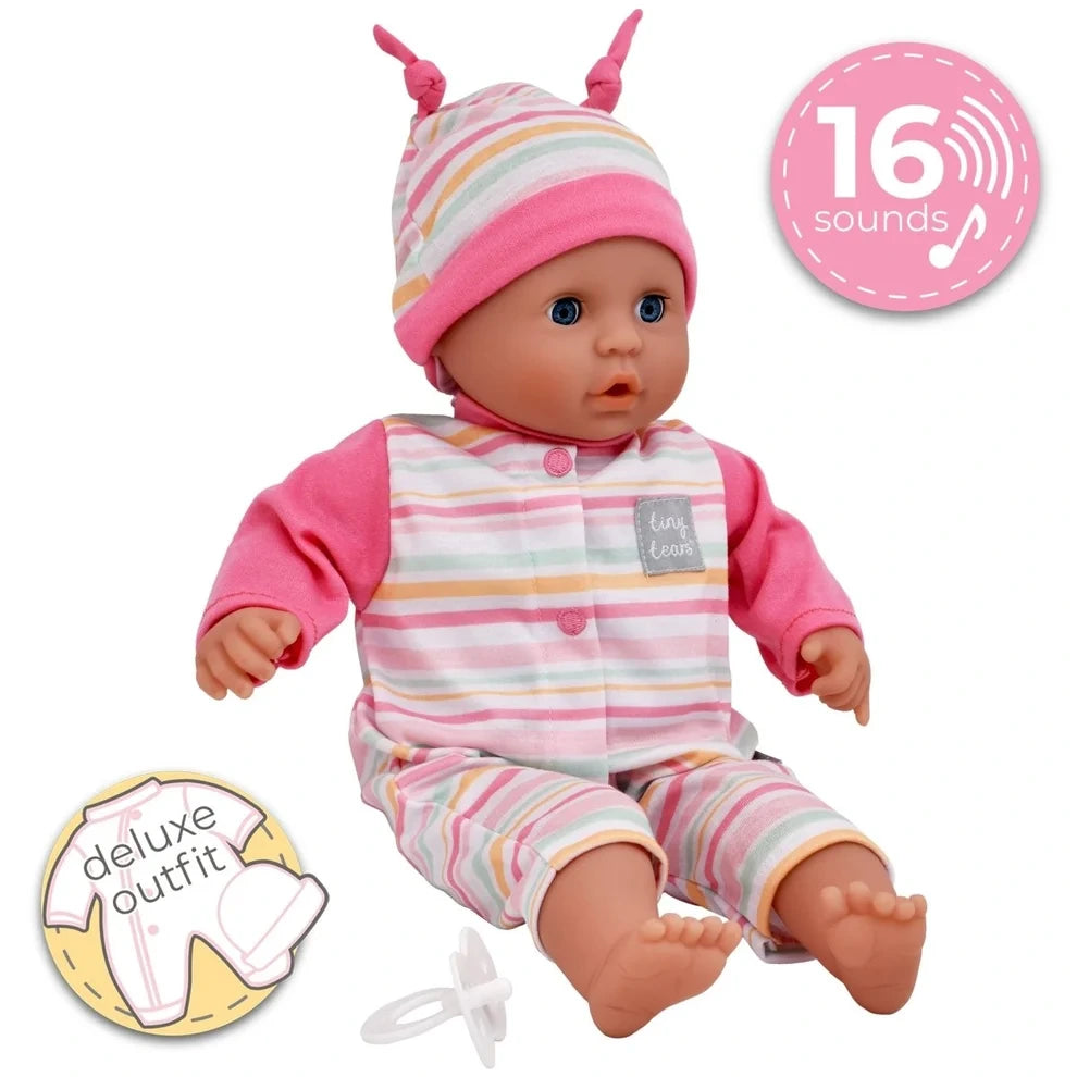 Tiny Tears Baby Soft doll in striped outfit and hat with dummy and 16 sounds badge