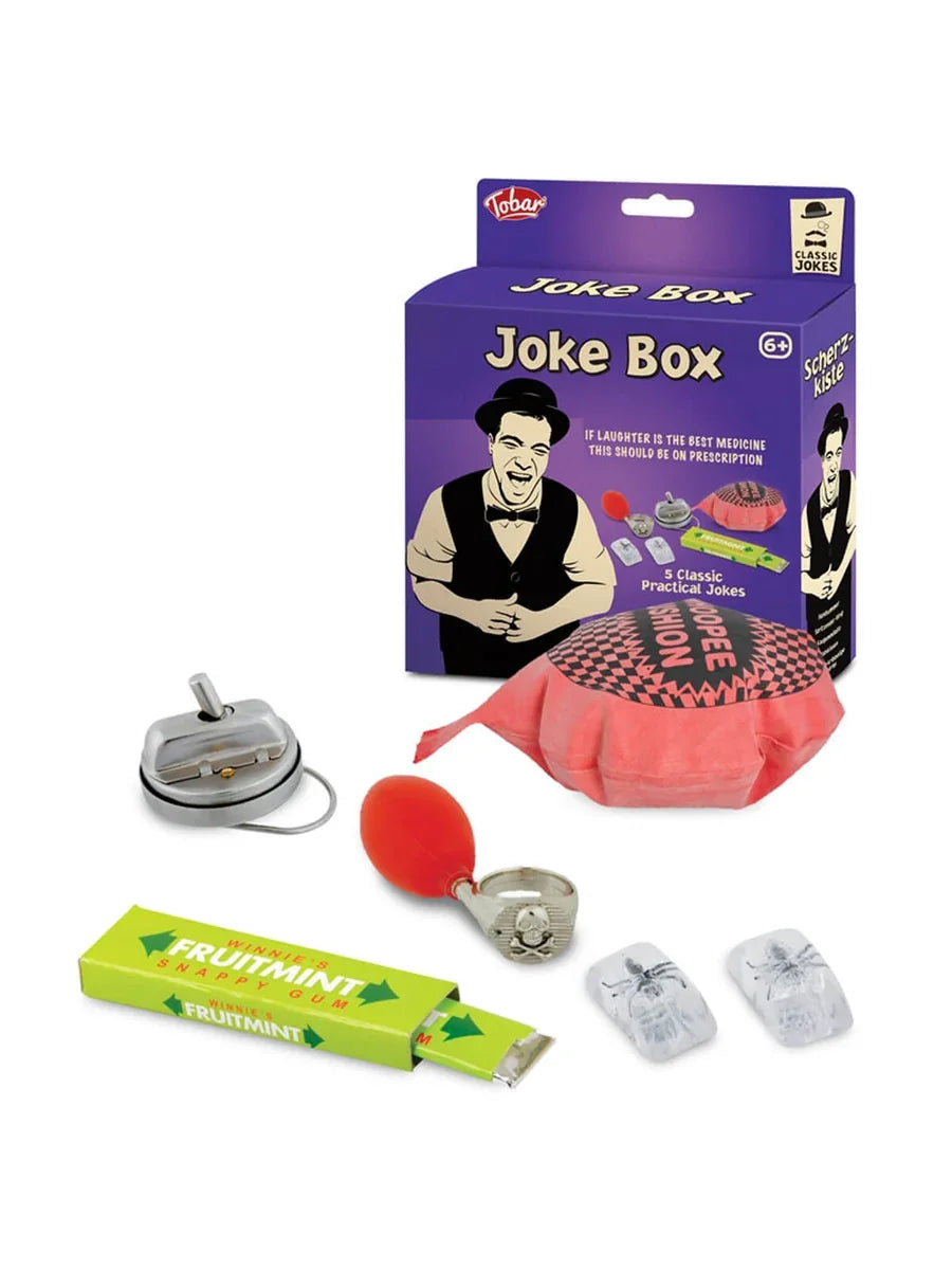 Tobar Joke Box showing all included prank items laid out – Ireland