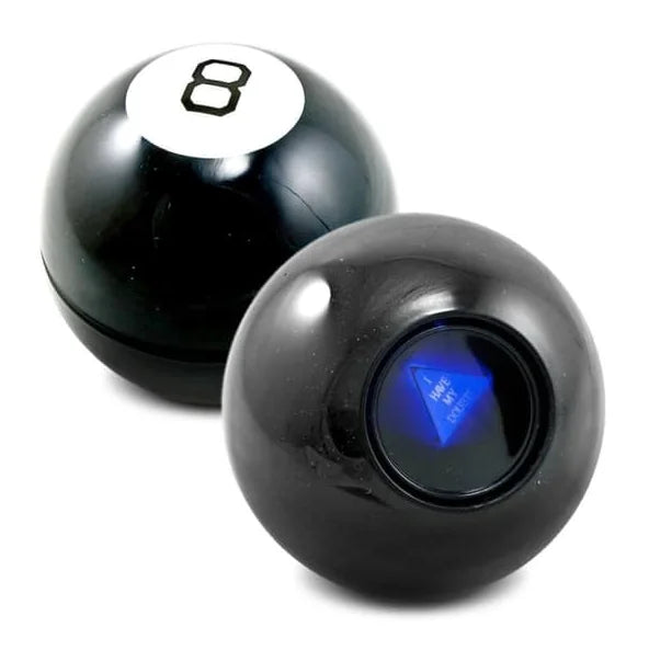 Pair of Mystic 8 Balls showing front and back with number 8 and answer – Ireland