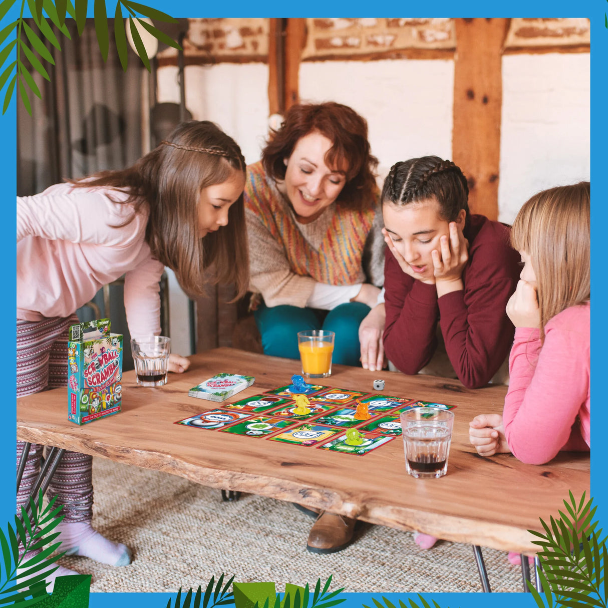 Family playing Screwball Scramble Card Game on wooden table – Ireland