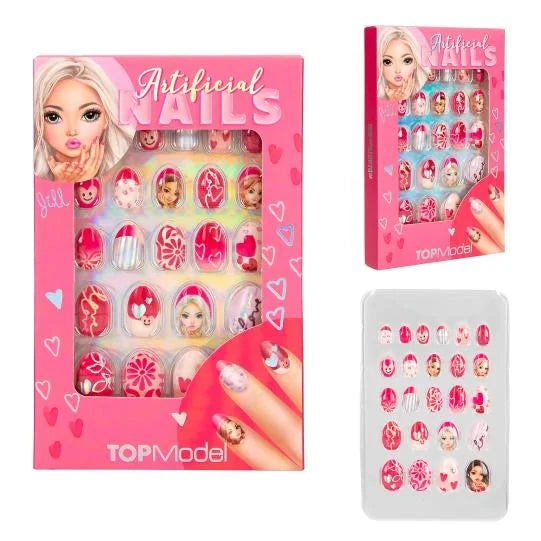 TOPModel Artificial Nails retail box with 24 pink self-adhesive nails featuring fun heart and model designs in Ireland.