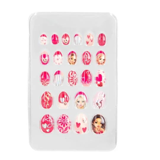 TOPModel Artificial Nails sheet with 24 press-on nails in assorted pink designs including hearts, faces and stripes in Ireland.