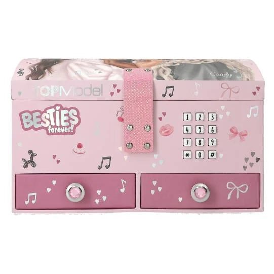 Pink TOPModel jewellery box with Besties Forever artwork, keypad lock and two drawers shown in closed view in Ireland.
