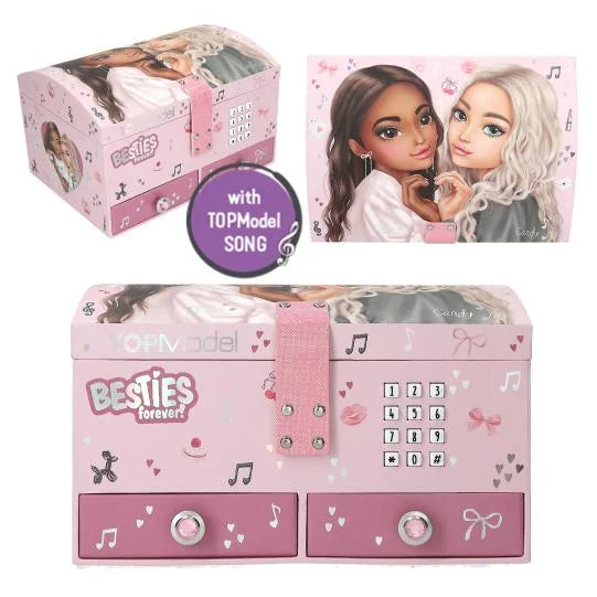TOPModel Besties Forever jewellery box in pink with keypad lock, glitter strap and two drawers, featuring BFF artwork in Ireland.