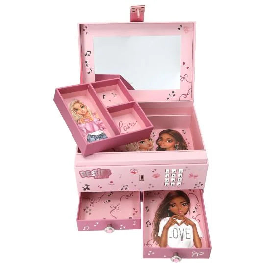 Open TOPModel jewellery box with mirror, removable inlay tray, two drawers and Besties Forever artwork inside in Ireland.