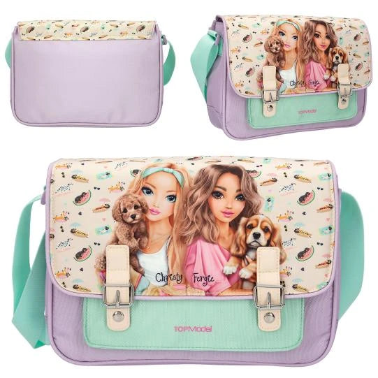 TOPModel SUNNY DOG shoulder bag shown from the front, back, side and with the top flap raised.