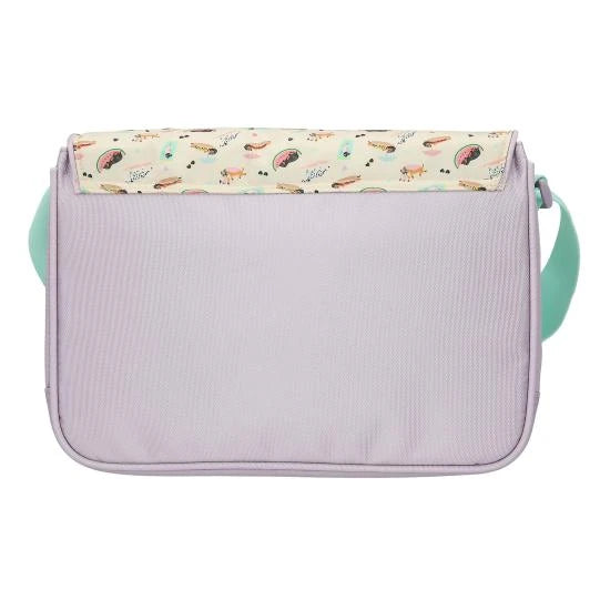 Back of the TOPModel SUNNY DOG shoulder bag with a plain lavender panel and patterned flap.