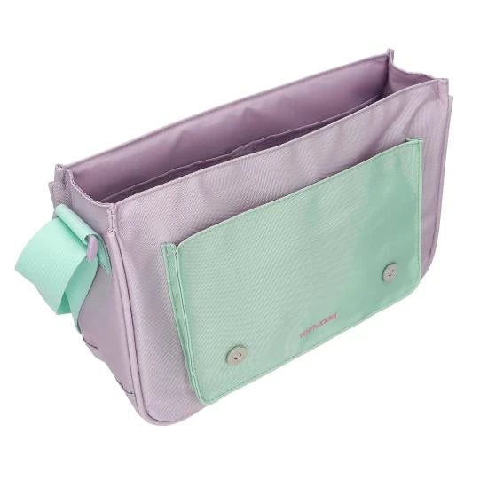 Open TOPModel SUNNY DOG shoulder bag showing the lavender compartments and mint green front pocket.