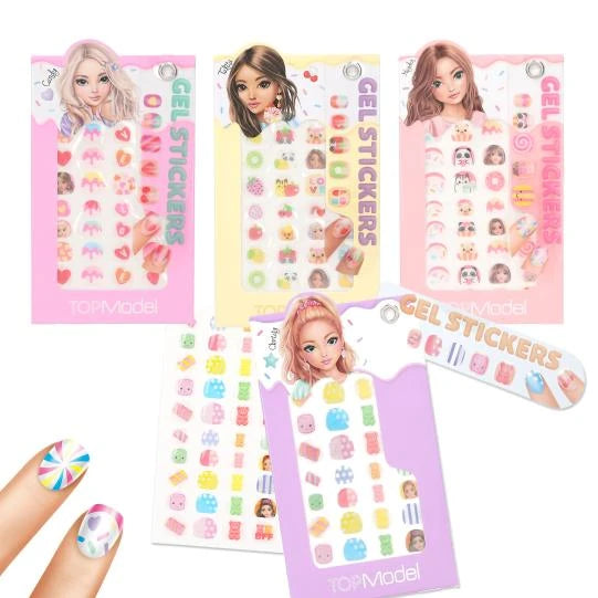TOPModel Gel Nail Stickers CANDY GLAM with four sticker designs, loose sheets and nail example