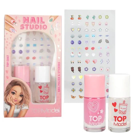 TOPModel Nail Studio Set box with pink nail polish, clear top coat and sticker sheet in Ireland.