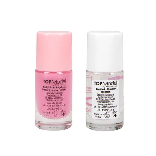 TOPModel Nail Studio Set close up of water based pink polish and clear top coat bottles in Ireland.