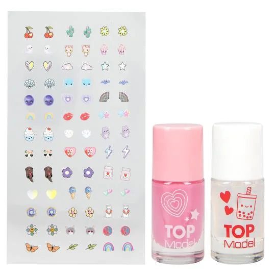 TOPModel Nail Studio Set sticker sheet with decorative designs and two nail polishes in Ireland.