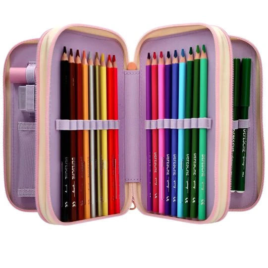 Open TOPModel SUNNY DOG pencil case showing two pencil sections with storage pockets at the sides.