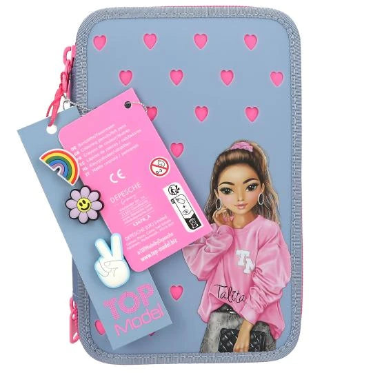 TOPModel Triple Pencil Case With Silicone Pins front view with hanging tags and attached silicone pins