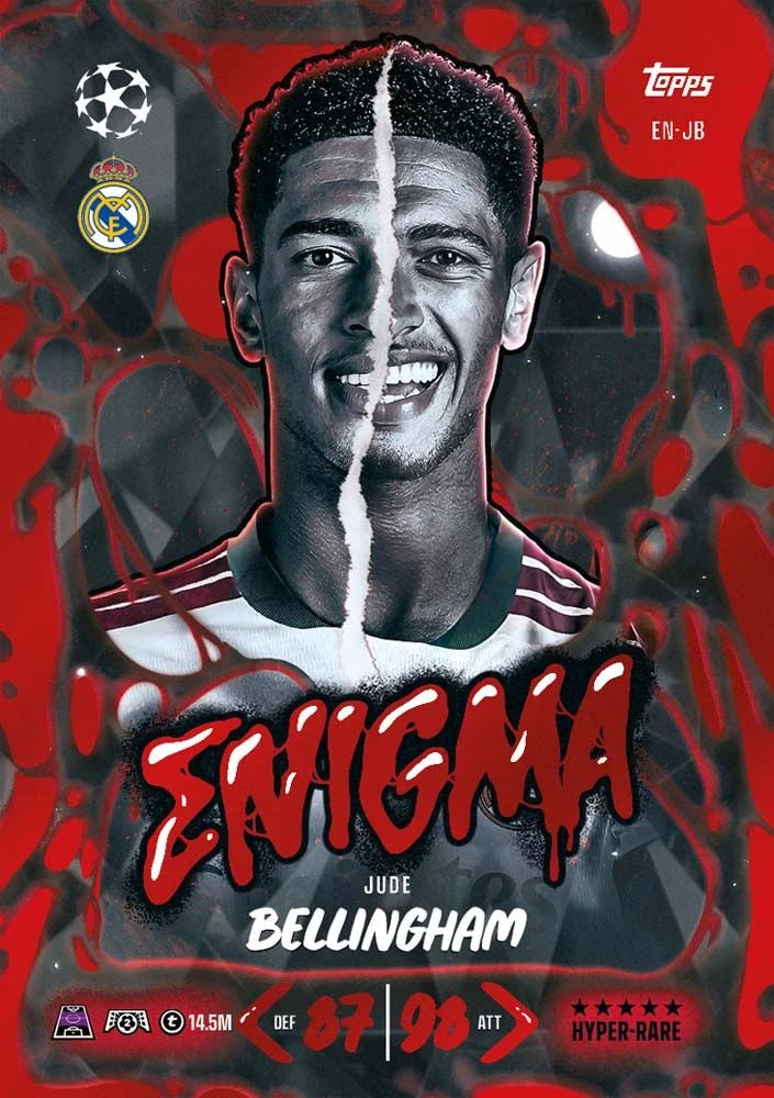 Topps Match Attax 2026/27 Jude Bellingham Enigma Hyper Rare card example with Real Madrid design
