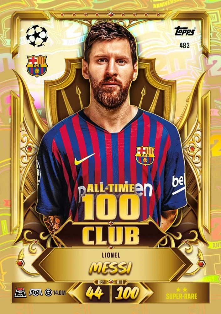 Topps Match Attax 2026/27 Lionel Messi All Time 100 Club card example with Barcelona design