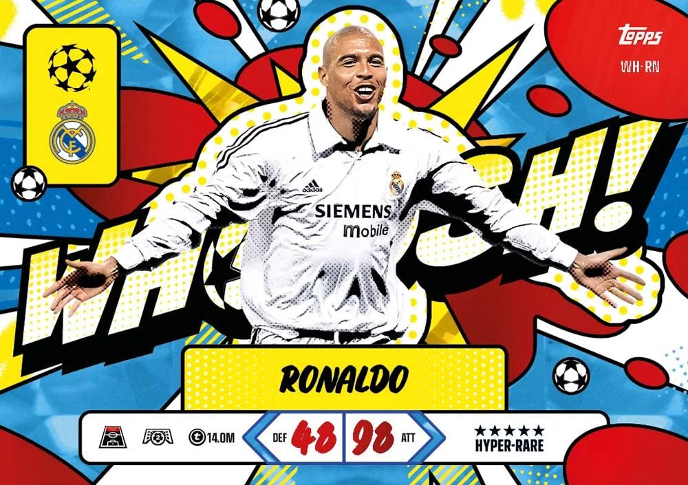 Topps Match Attax 2026/27 Ronaldo WHOOSH card example with Real Madrid badge and comic style artwork