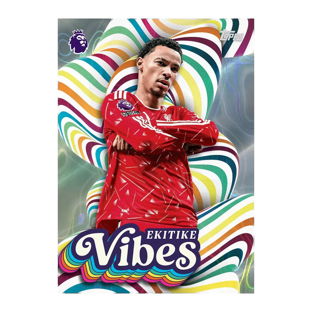 Topps Premier League Ekitike Vibes card with Liverpool red kit and multicoloured wave design