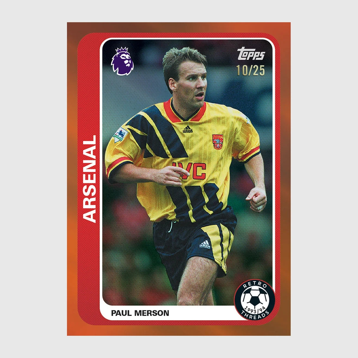 Paul Merson Arsenal trading card in yellow and navy Arsenal kit with red bordered design