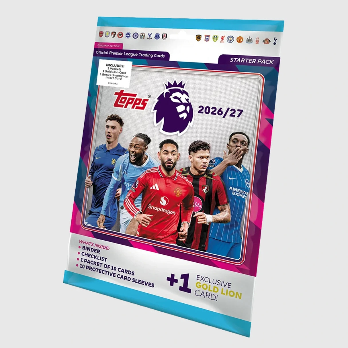 Topps Premier League 2026/27 Starter Pack showing binder, 10 card packet, protective sleeves and Gold Lion card