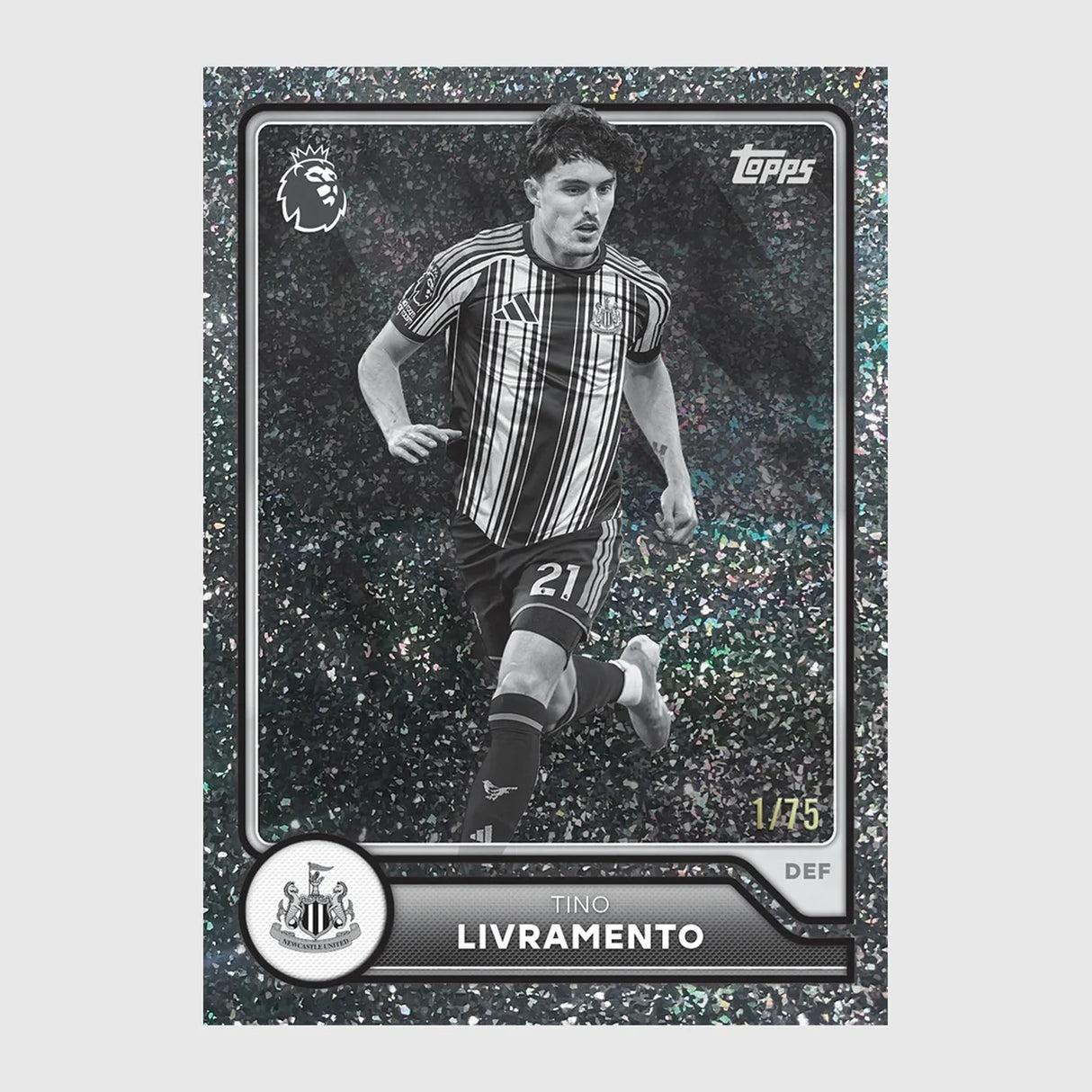 Tino Livramento Newcastle United trading card with black and white image and numbered 1 of 25 design