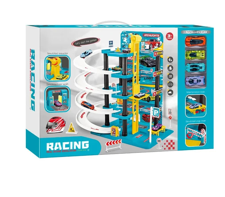 Tower Racing Base Set with spiral ramps, yellow elevator, and colourful diecast cars on display