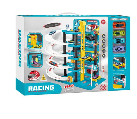 Tower Racing Base Set with spiral ramps, yellow elevator, and colourful diecast cars on display