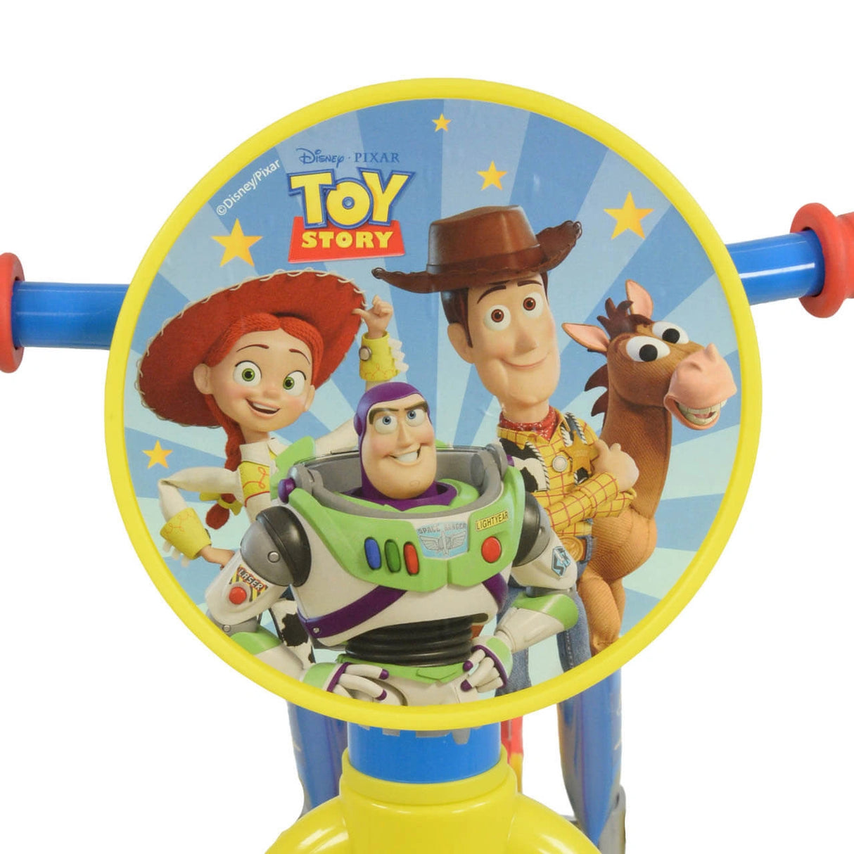 Toy Story bike front plaque featuring Jessie, Buzz Lightyear, Woody and Bullseye