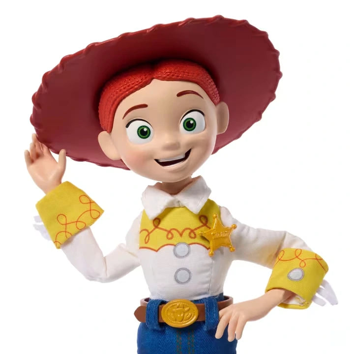 Toy Story 5 Jessie close view with red cowgirl hat, yellow cuffs and gold sheriff badge