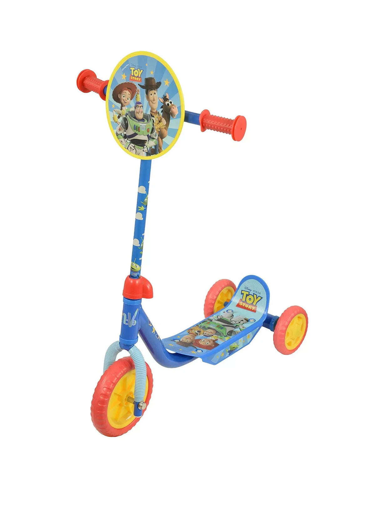 Full side view of the Toy Story Deluxe Tri Scooter showing blue frame, character handlebar disc, Toy Story illustrated deck and three red and yellow wheels