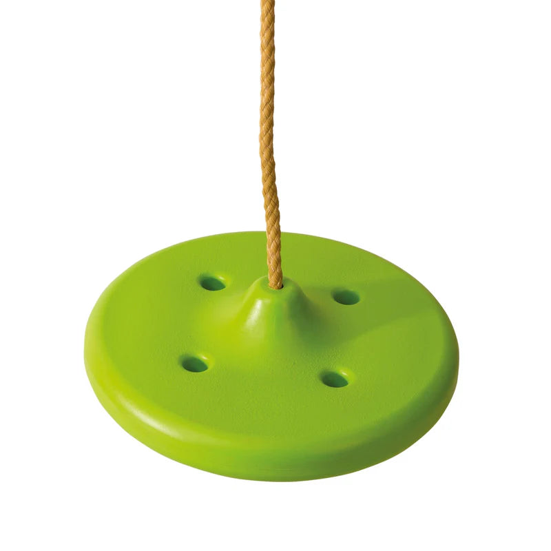 Close up of the lime TP Button Swing Seat hanging from a single rope