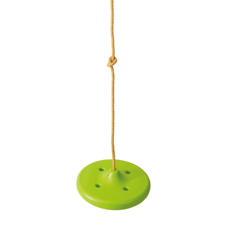 Lime TP Button Swing Seat hanging from a single rope on a plain background