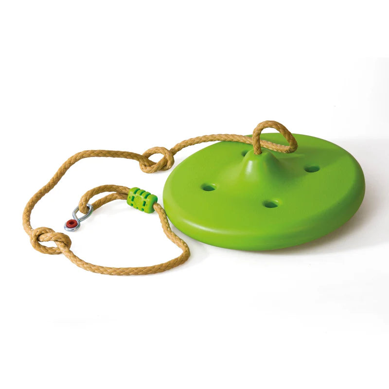 Lime TP Button Swing Seat with rope and fixing hardware on a plain background