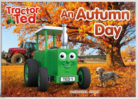 Tractor Ted An Autumn Day book cover showing green tractor and dog on an autumn farm in Ireland