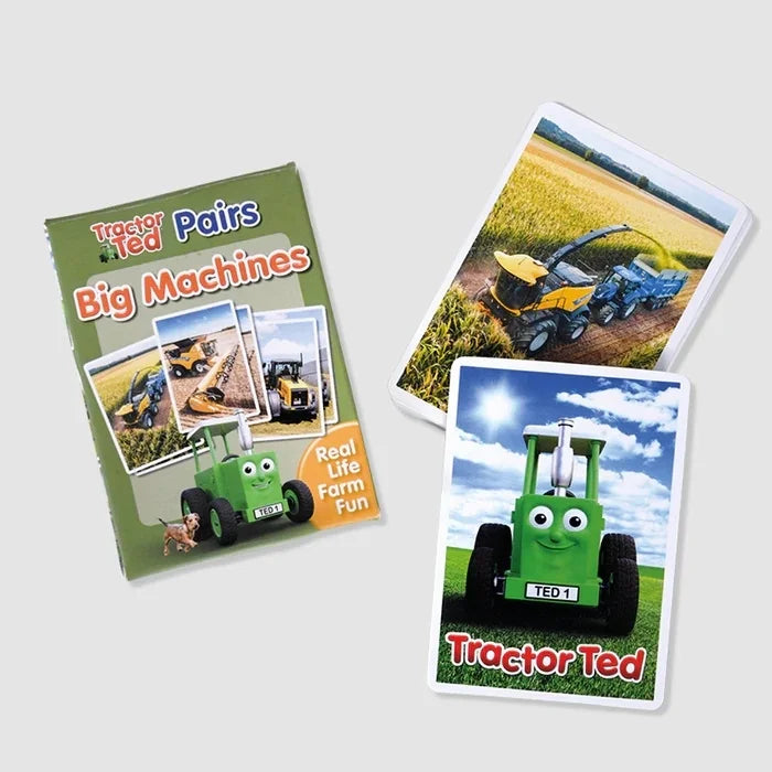 Tractor Ted Big Machines Pairs Game cards spread out showing illustrated farm machines including tractors, diggers and harvesters