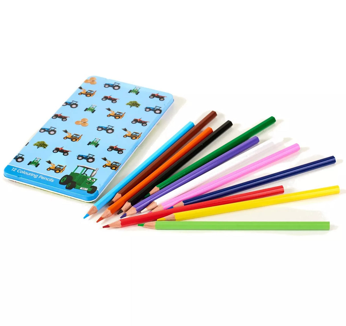 Set of 12 coloured pencils arranged beside a Tractor Ted colouring pencil tin with farm vehicle illustrations