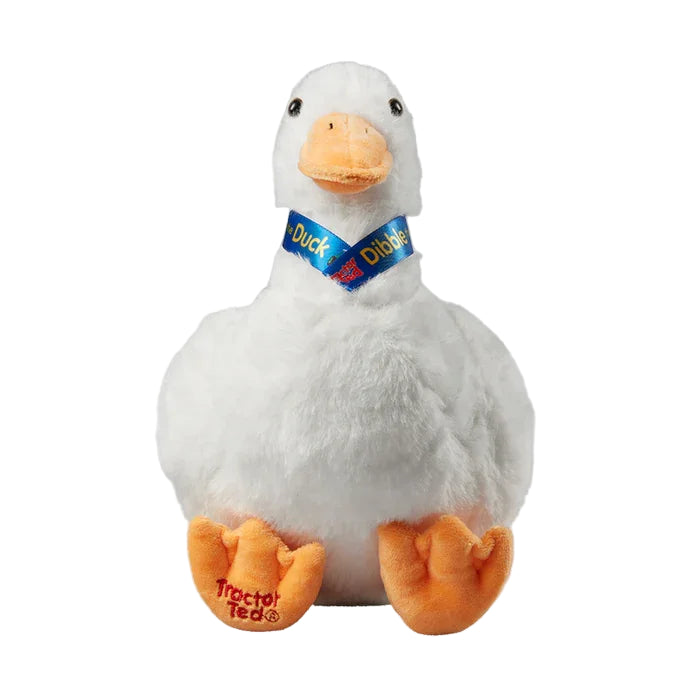 Front facing view of the Dibble the Duck plush toy with ribbon collar and embroidered Tractor Ted feet