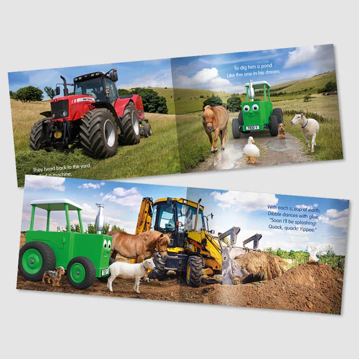 Inside pages of Dibbles Digger Day showing Tractor Ted, animals and digger scenes on the farm