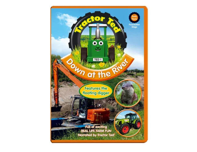 Tractor Ted Down at the River DVD cover featuring green Tractor Ted, floating digger, otter inset and orange frame
