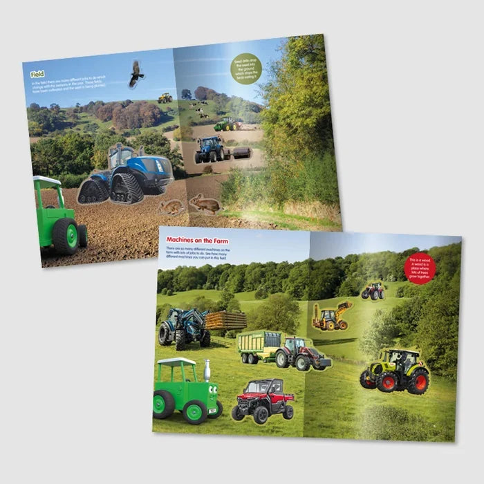 Inside pages of Tractor Ted Fantastic Farm Sticker Book showing tractors working in fields, agricultural machinery, woodland and countryside animals.