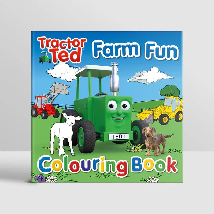 Tractor Ted Farm Fun Colouring Book front cover showing green Tractor Ted, red and yellow farm machines, lamb and dog on a bright farm scene background