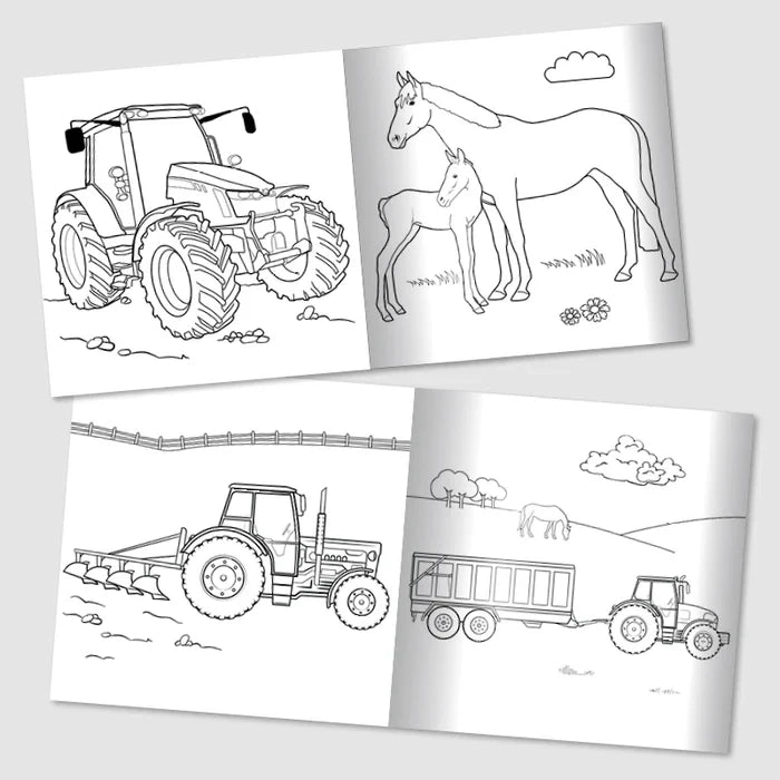 Open Tractor Ted colouring book showing black and white line drawings of tractors, horses, foal, trailer and farm scenes across two pages