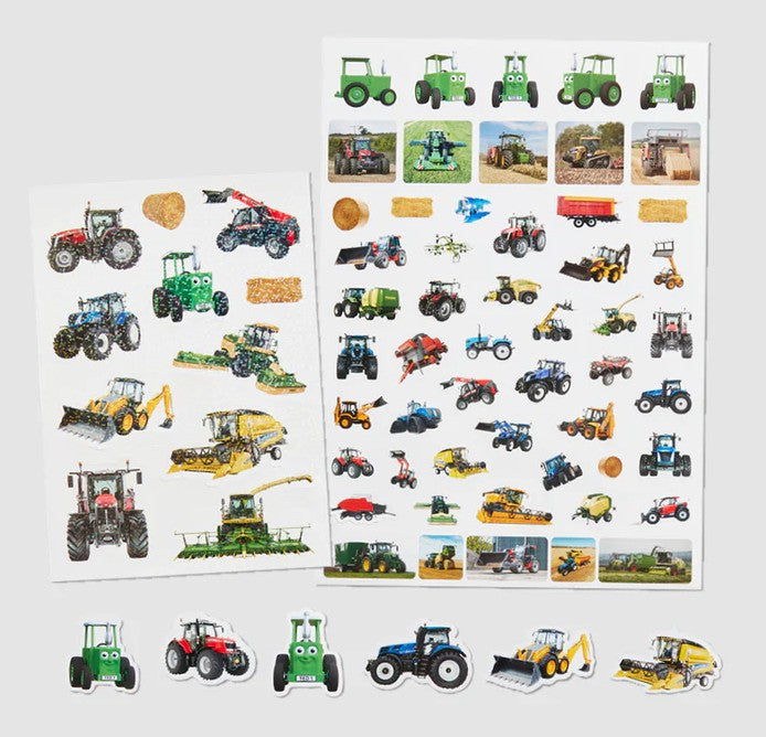 Closeup of Tractor Ted sticker sheets with tractors and machines - Ireland