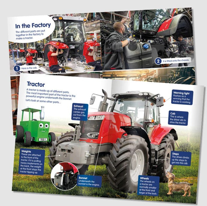 Inside pages of Tractor Ted Let's Look at Tractors book showing tractor parts – Ireland