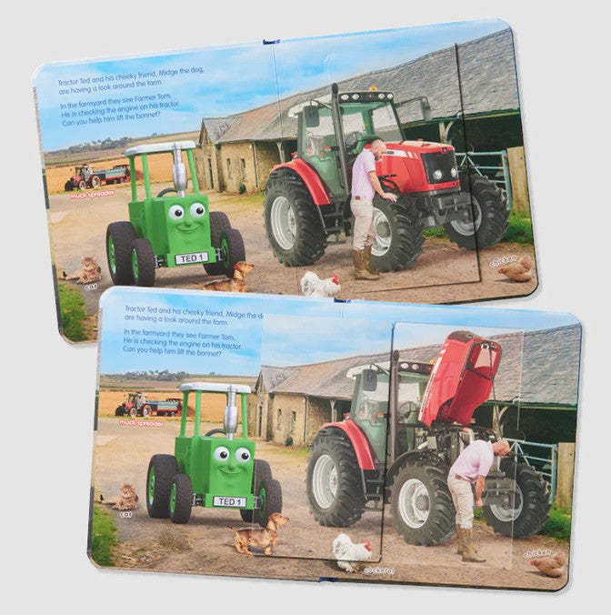 Open pages of Tractor Ted Lift-the-Flap Book showing farmer and tractor – Ireland